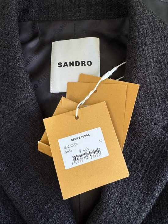 Sandro Cropped Tweed Blazer Black Sz 38 - Picture 5 of 13